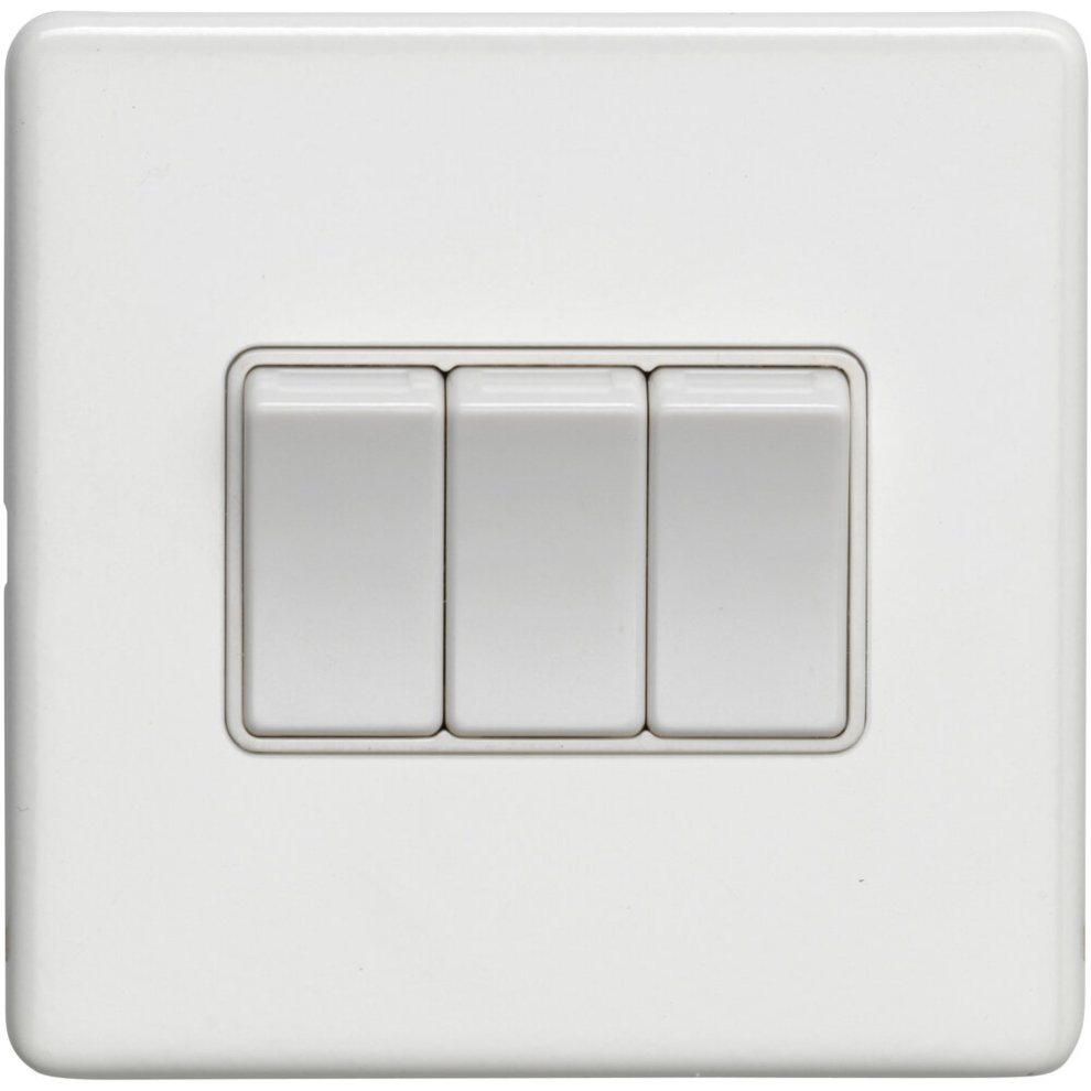 3 Gang Triple Light Switch Screwless Matt White 2 Way 10A Metal Rocker Slim 5056581972415