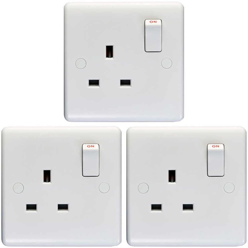 3 PACK 1 Gang Double Pole 13A Switched UK Plug Socket - WHITE Wall Power Outlet