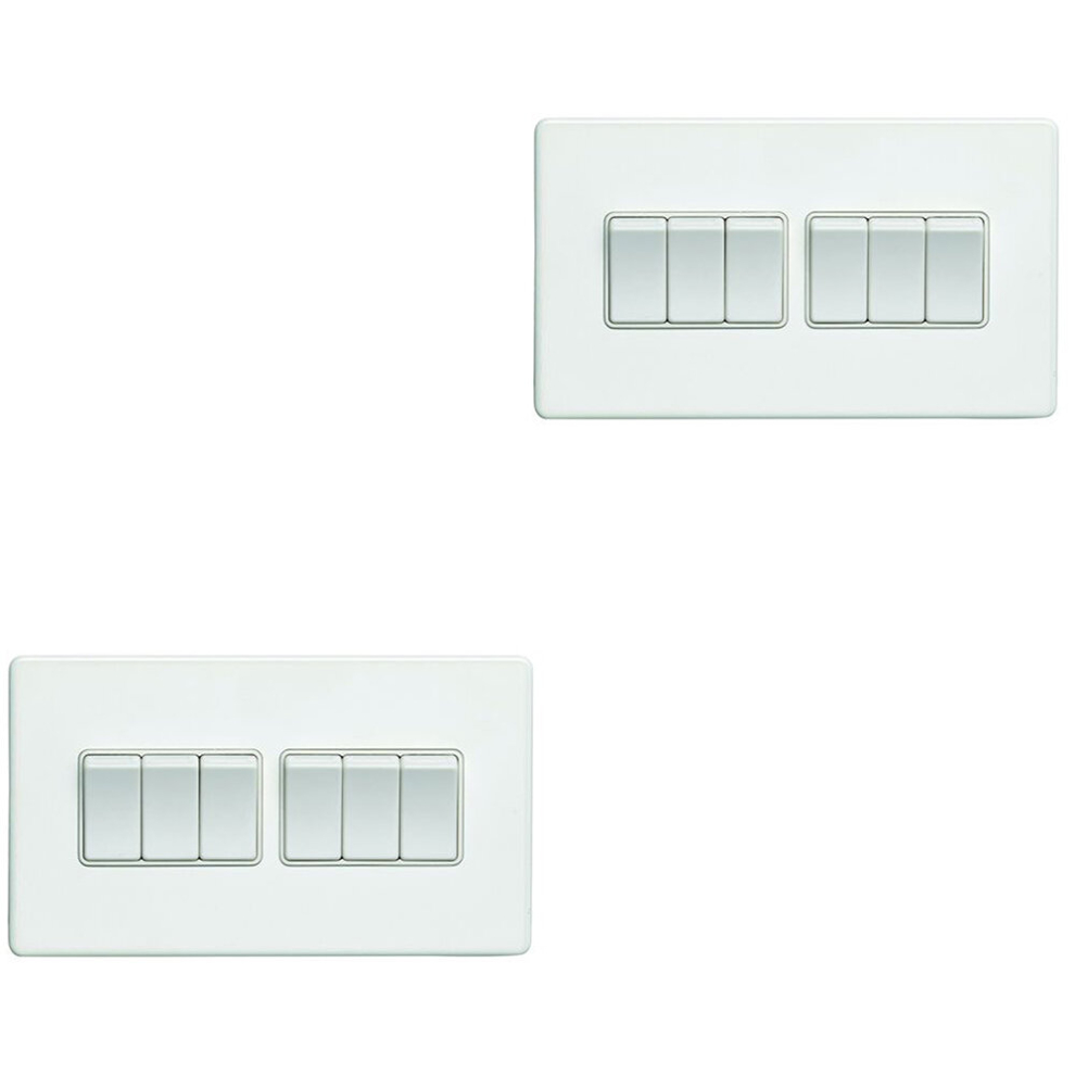 2 PACK 6 Gang Multi Light Switch SCREWLESS MATT WHITE 2 Way 10A Slim Rocker