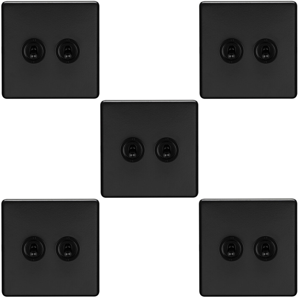 5 PACK 2 Gang Double Retro Toggle Light Switch SCREWLESS MATT BLACK 10A 2 Way