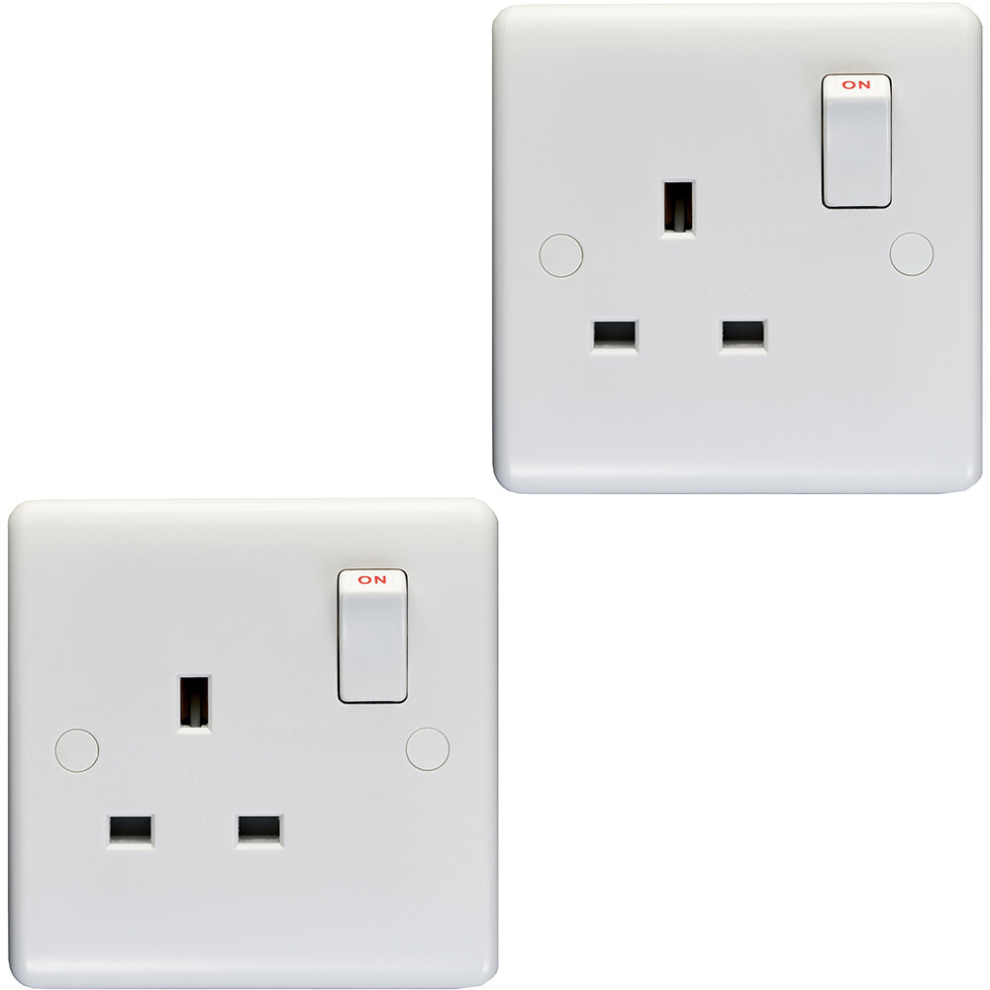 2 PACK 1 Gang Single Pole 13A Switched UK Plug Socket - WHITE Wall Power Outlet