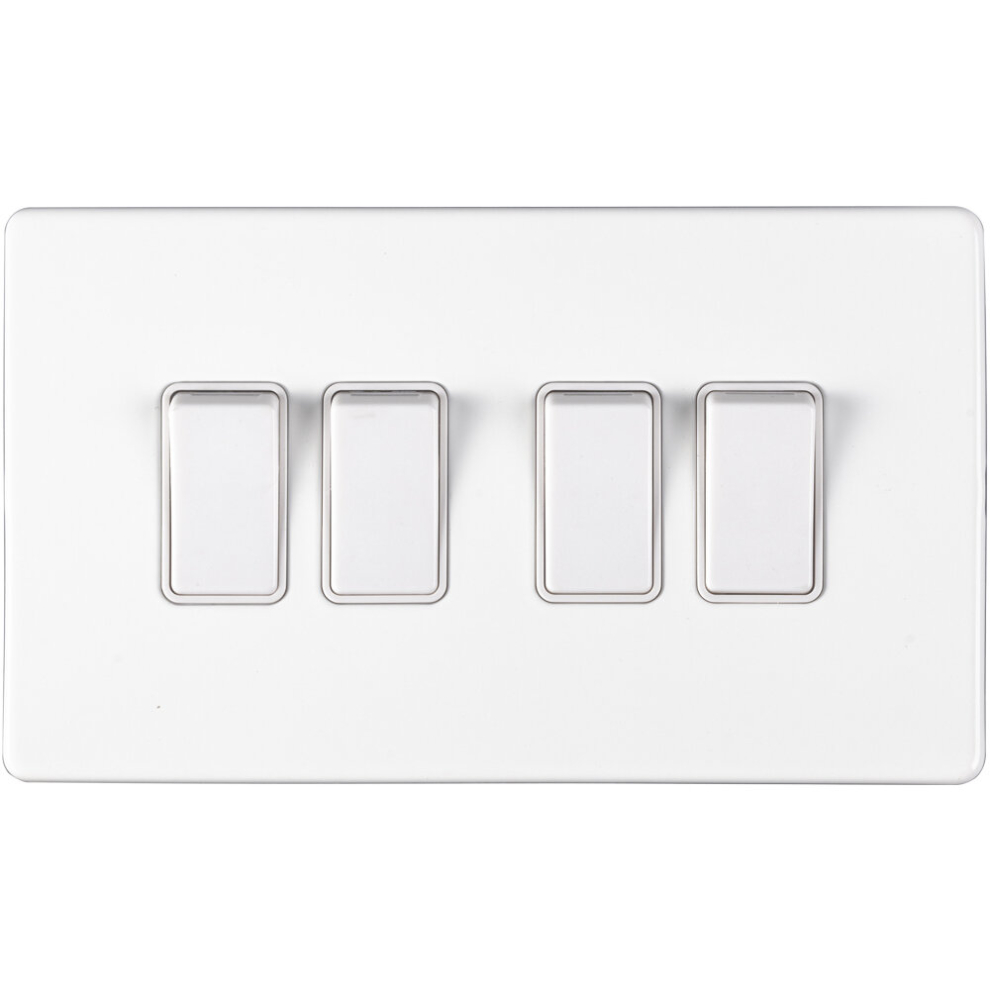 4 Gang Quad Light Switch SCREWLESS MATT WHITE 2 Way 10A Metal Rocker Slim