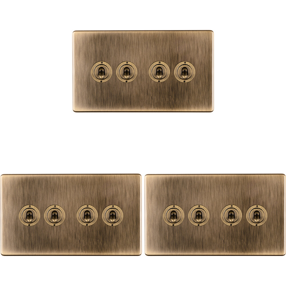 3 PACK 4 Gang Quad Retro Toggle Light Switch SCREWLESS ANTIQUE BRASS 10A 2 Way