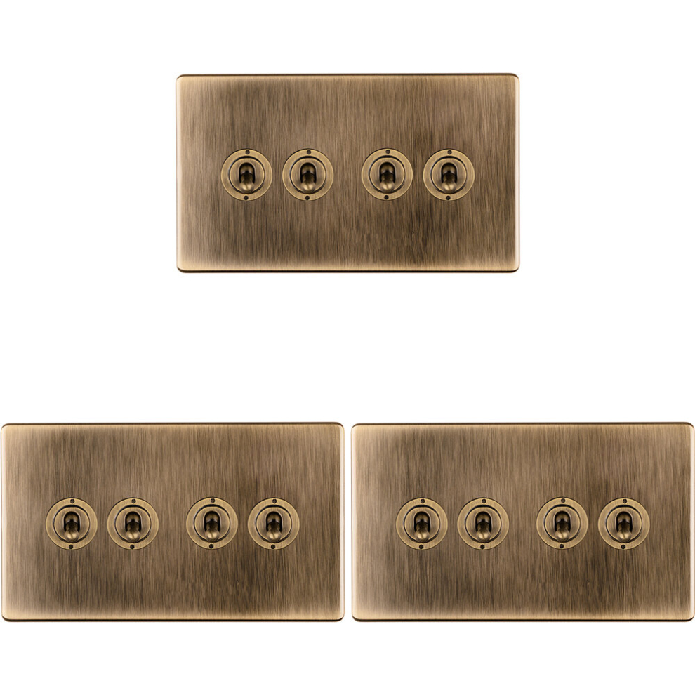 3 Pack 4 Gang Quad Retro Toggle Light Switch Screwless Antique Brass 10A 2 Way 5056581978691