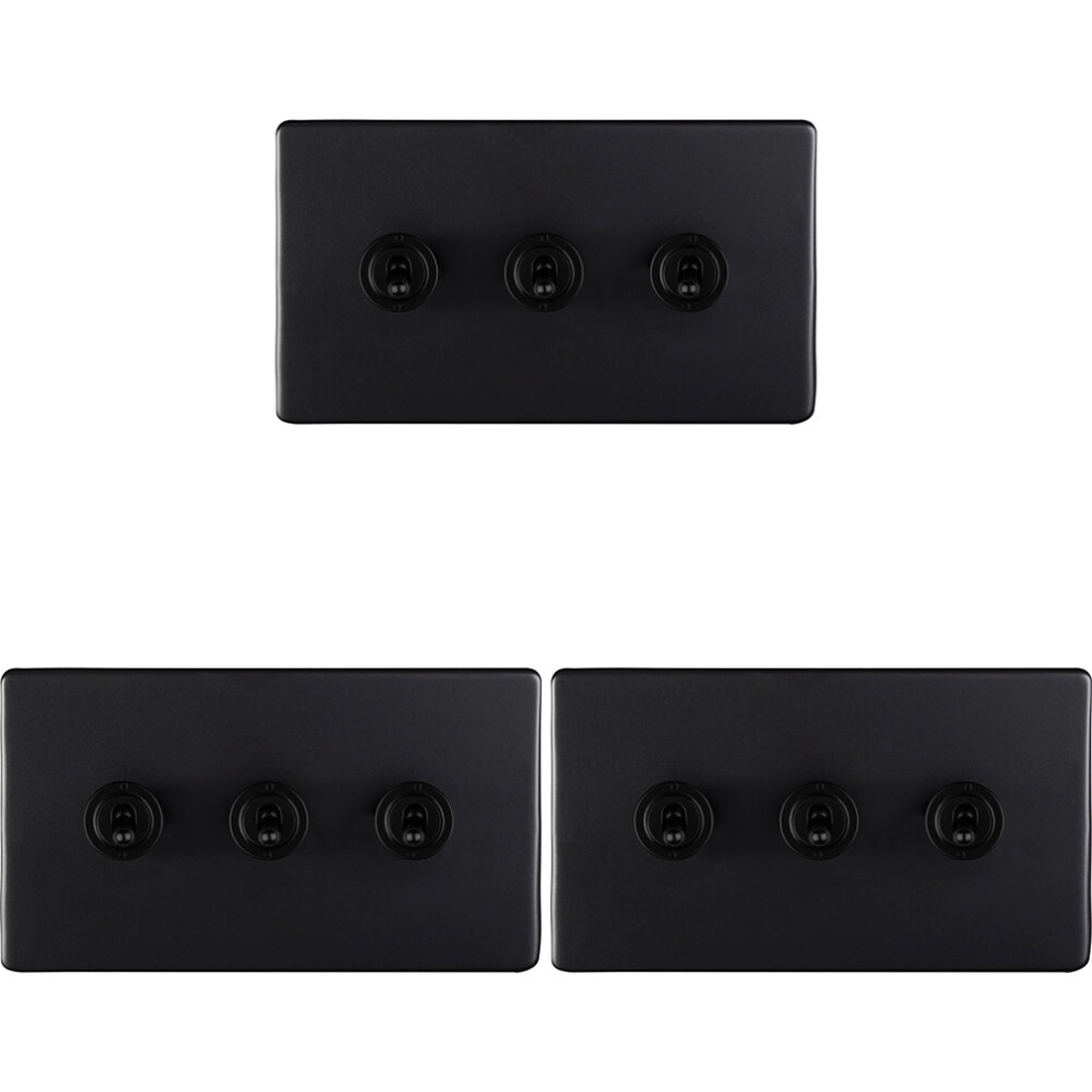 Loops 3 Pack 3 Gang Triple Retro Toggle Light Switch Screwless Matt Black 10A 2 Way