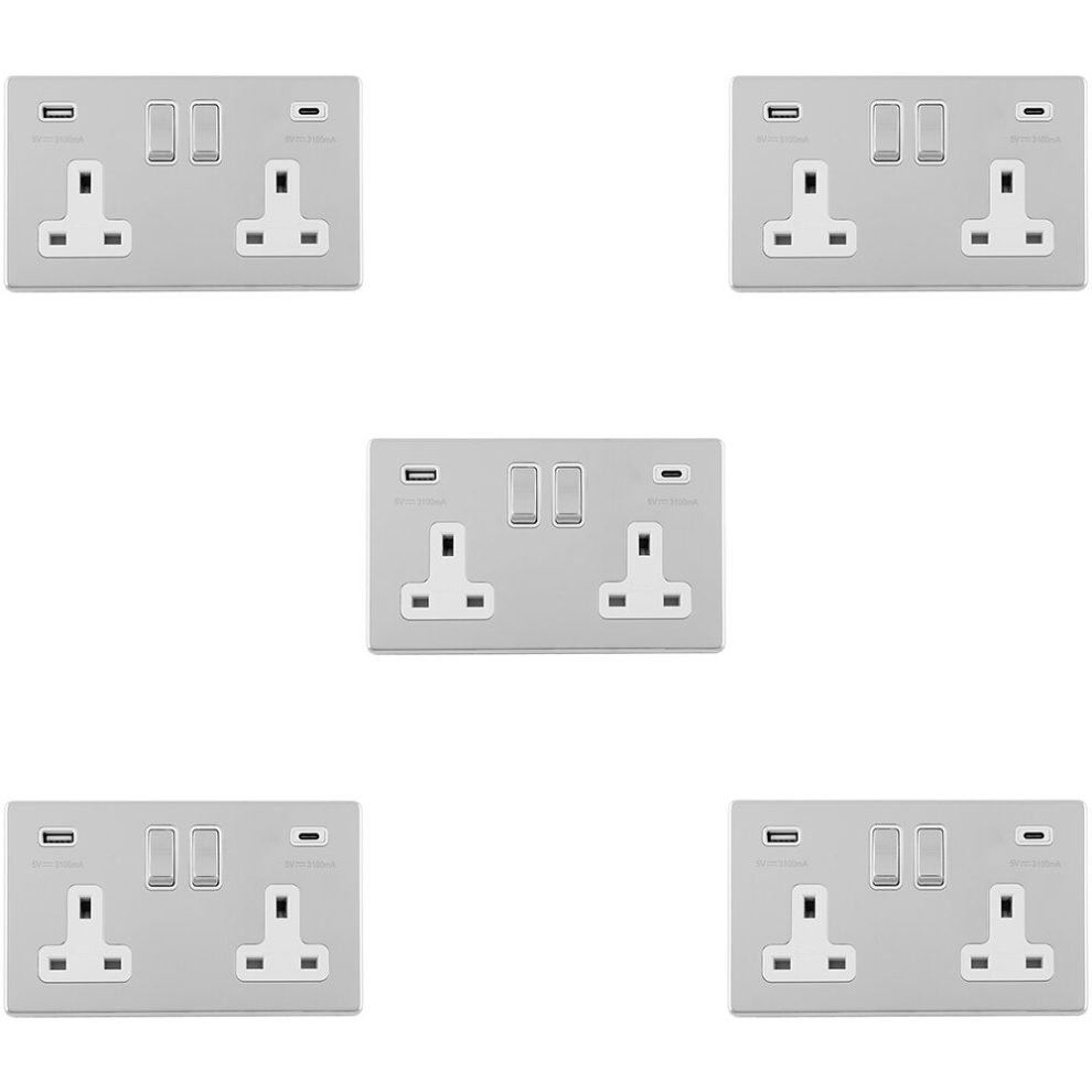 5 PACK 2 Gang Double 13A UK Plug Socket & 2x 3.1A USB-C SCREWLESS CHROME Charger