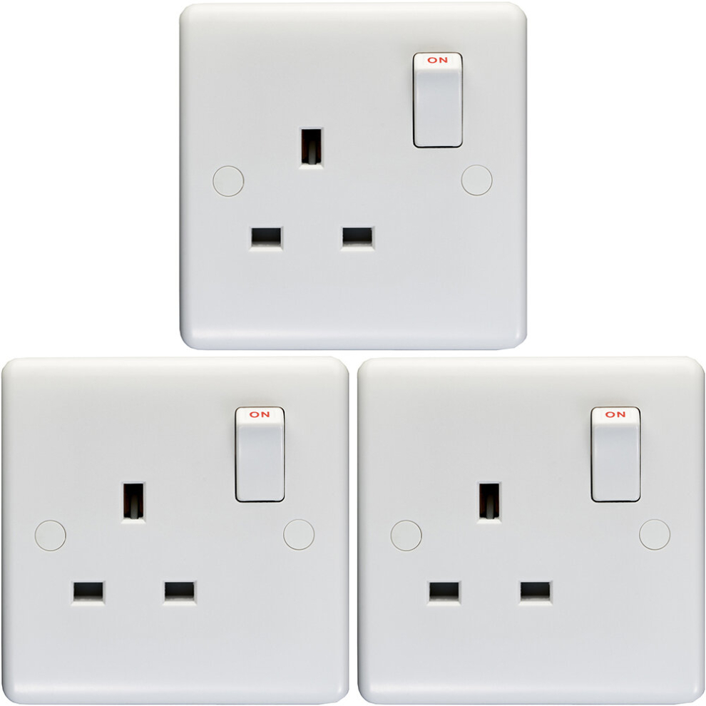 3 PACK 1 Gang Single Pole 13A Switched UK Plug Socket - WHITE Wall Power Outlet