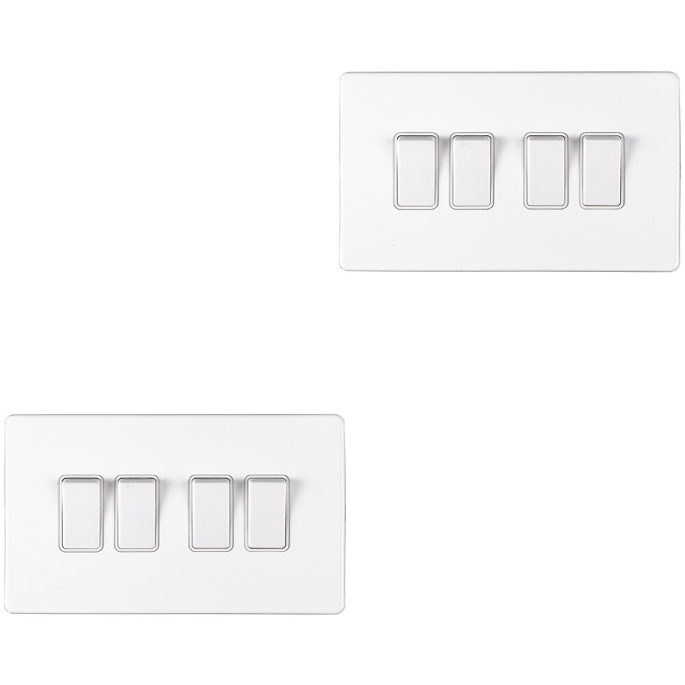 2 PACK 4 Gang Quad Light Switch SCREWLESS MATT WHITE 2 Way 10A Slim Rocker