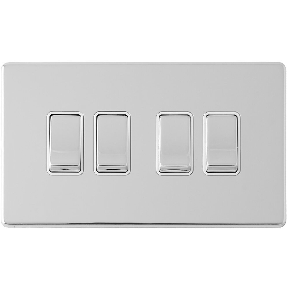 4 Gang QUAD Light Switch SCREWLESS POLISHED CHROME 2 Way 10A Metal Rocker Slim