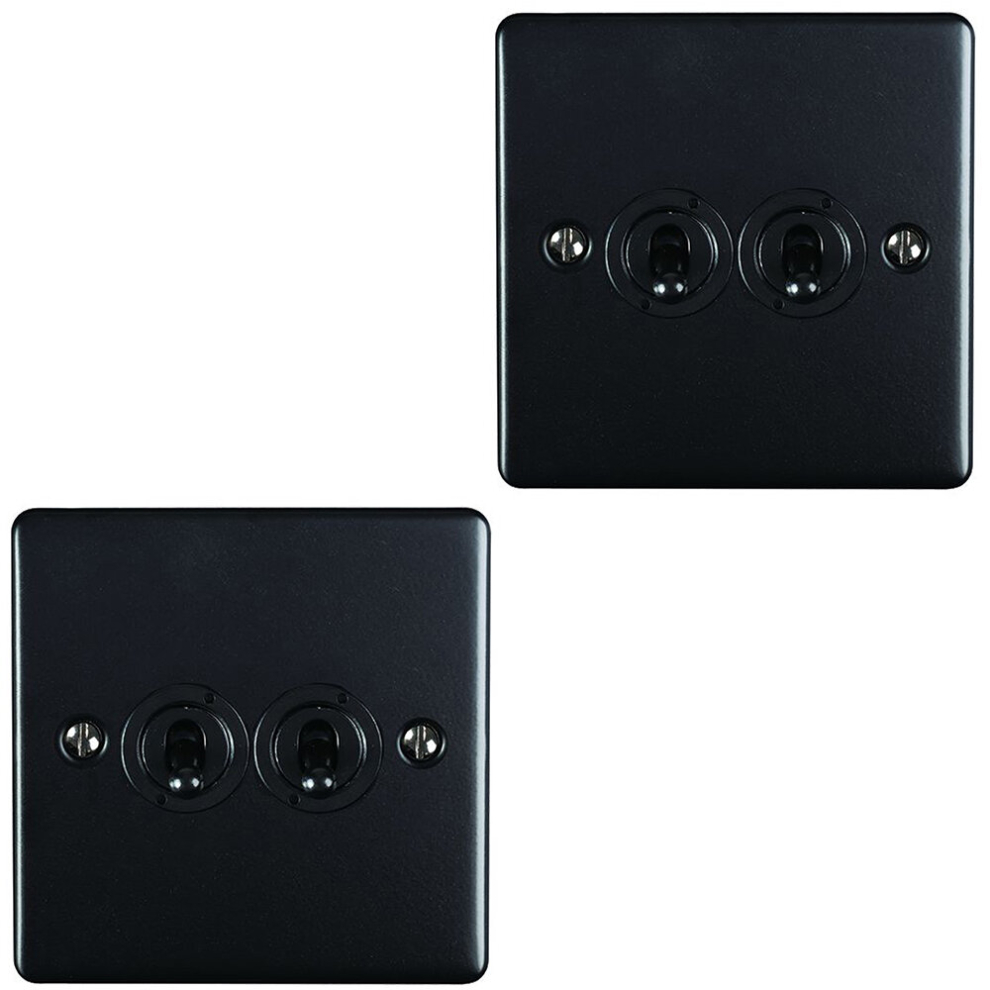 2 Pack 2 Gang Double Retro Toggle Light Switch Matt Black 10A 2 Way Plate 5056581966995