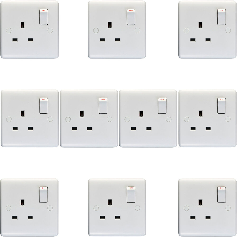 10 PACK 1 Gang Double Pole 13A Switched UK Plug Socket - WHITE Wall Power Outlet