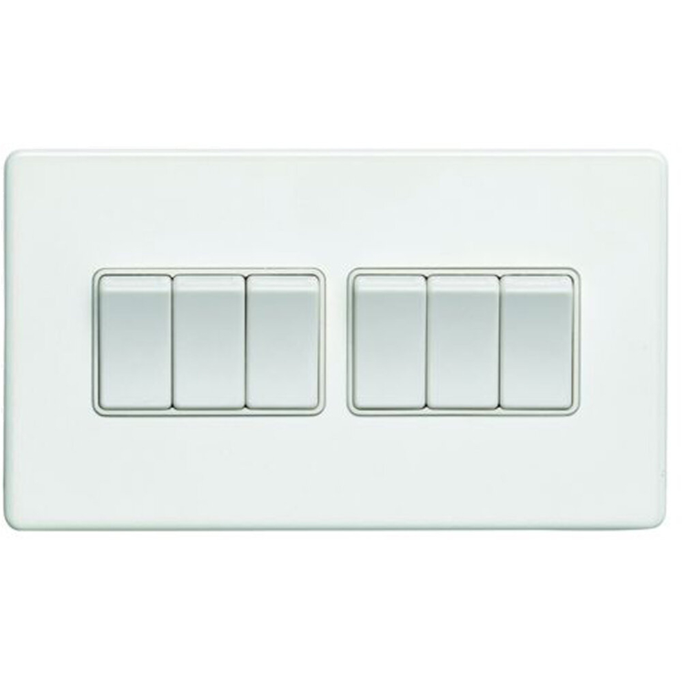 6 Gang Multi Light Switch SCREWLESS MATT WHITE 2 Way 10A Metal Rocker Slim