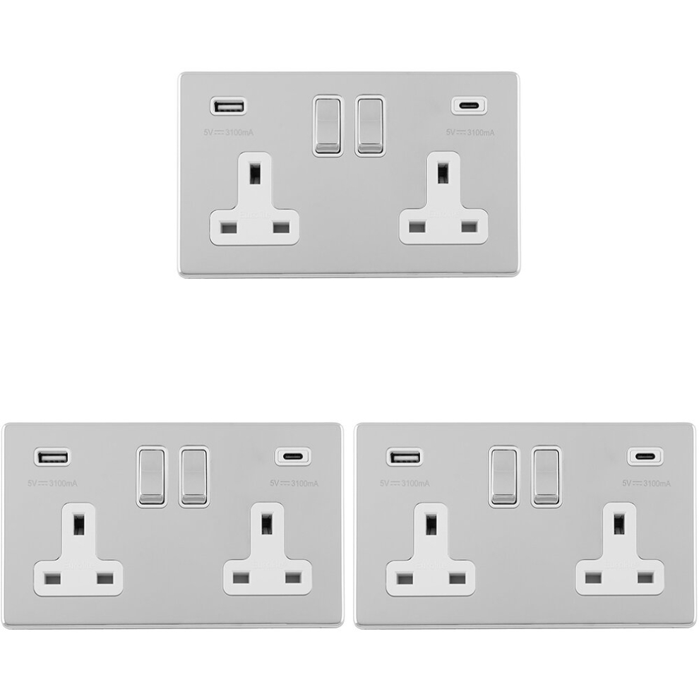 Loops 3 Pack 2 Gang Double 13A Uk Plug Socket & 2X 3.1A Usb-C Screwless Chrome Charger