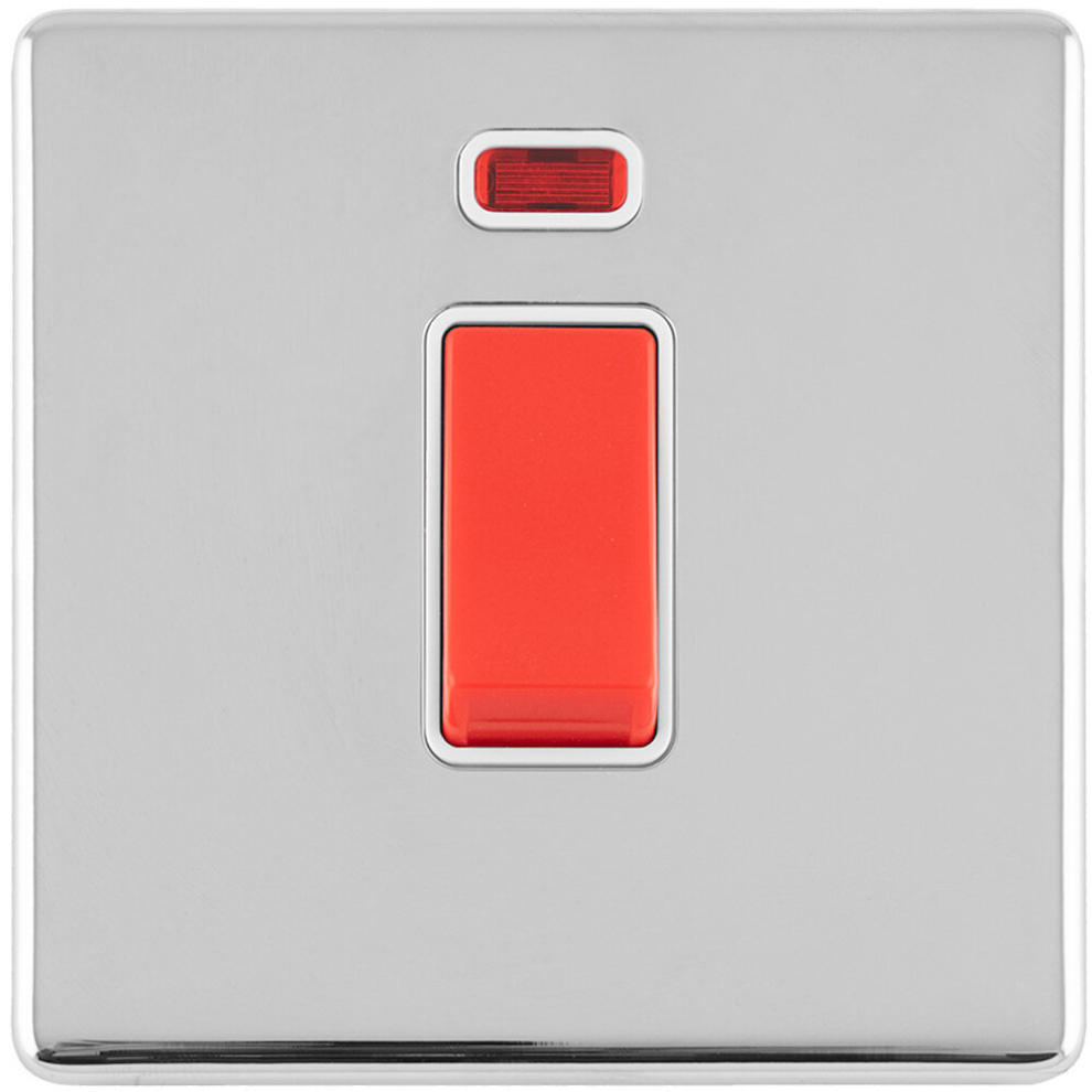 1 Gang Single 45A DP Cooker Switch & Neon SCREWLESS POLISHED CHROME Slim Rocker