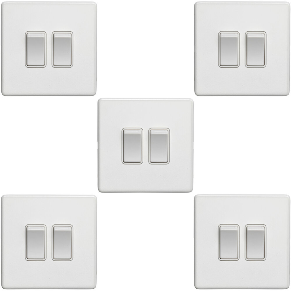 5 PACK 2 Gang Double Light Switch SCREWLESS MATT WHITE 2 Way 10A Slim Rocker