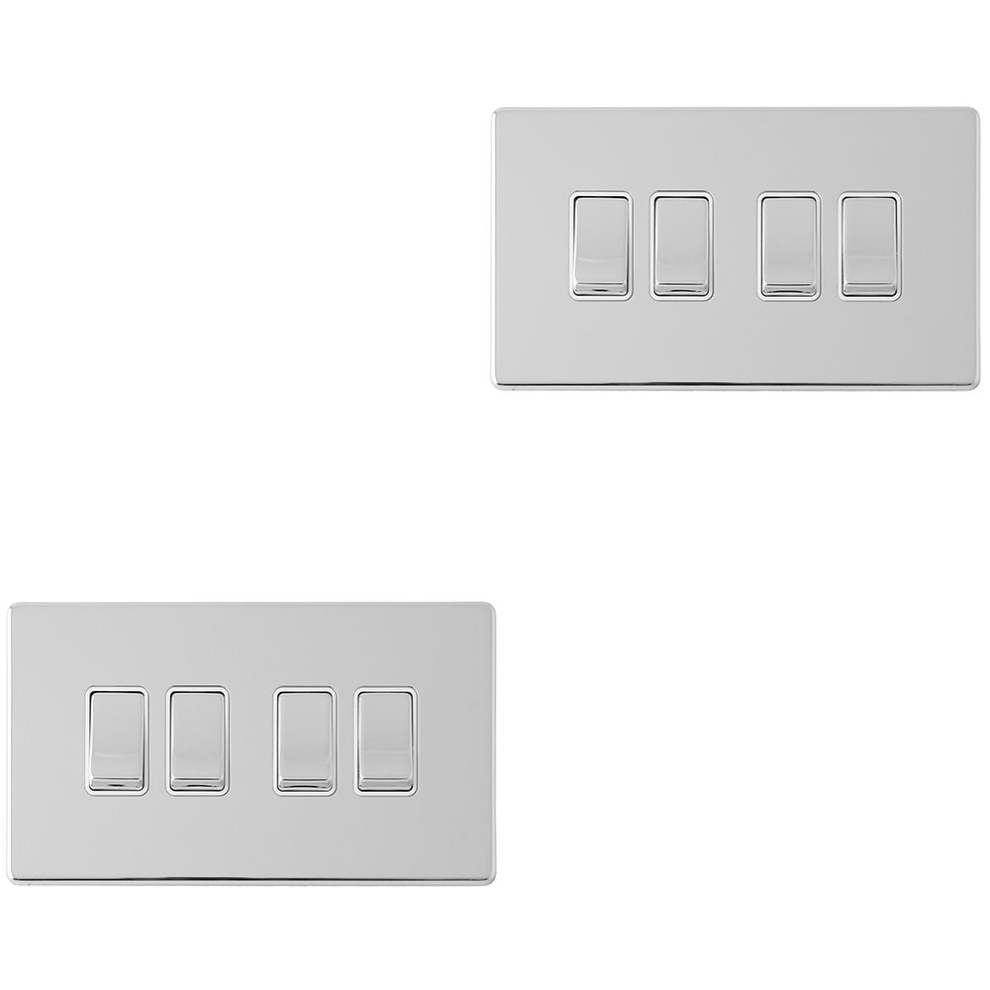 2 PACK 4 Gang QUAD Light Switch SCREWLESS POLISHED CHROME 2 Way 10A Rocker