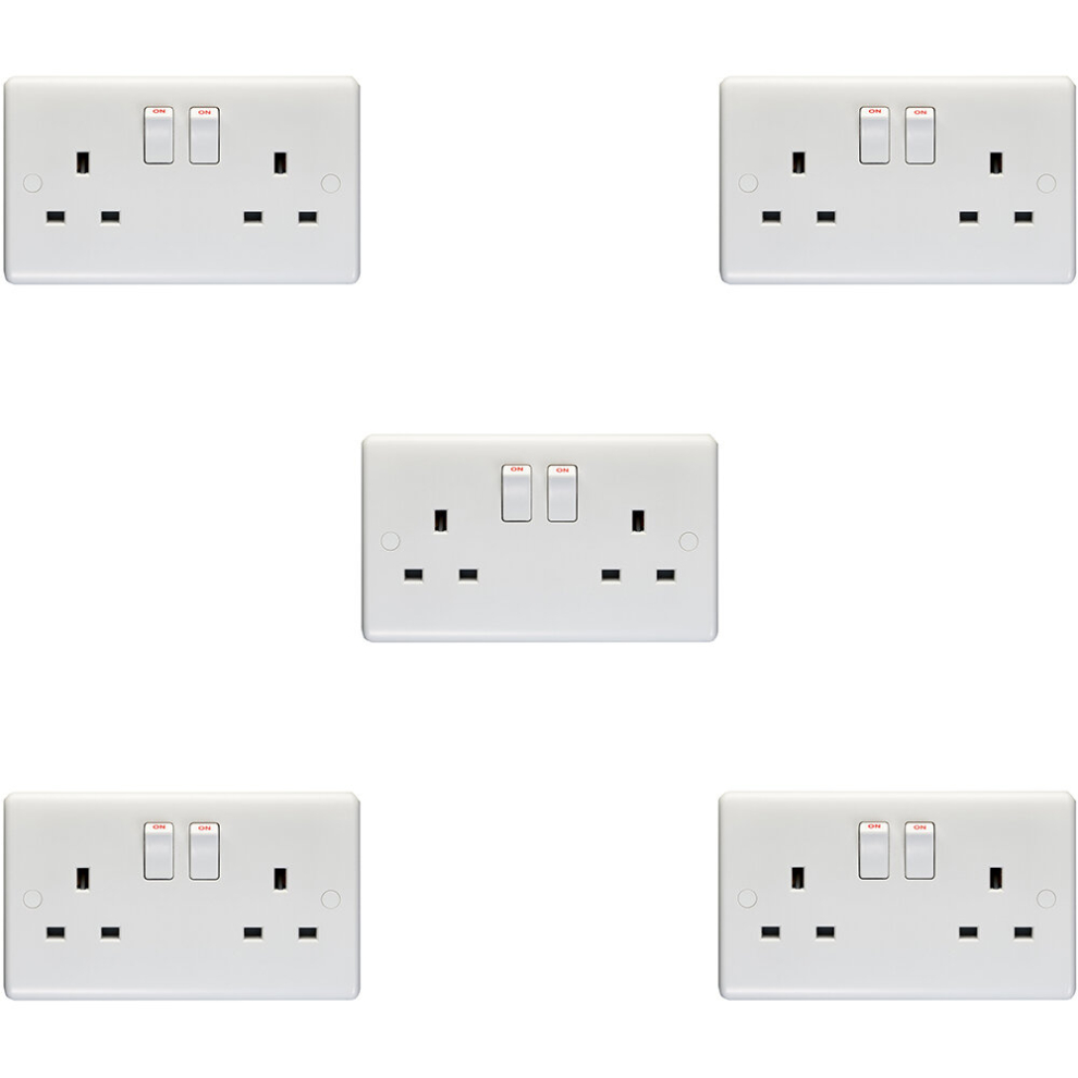 5 PACK 2 Gang Double Pole 13A Switched UK Plug Socket - WHITE Wall Power Outlet