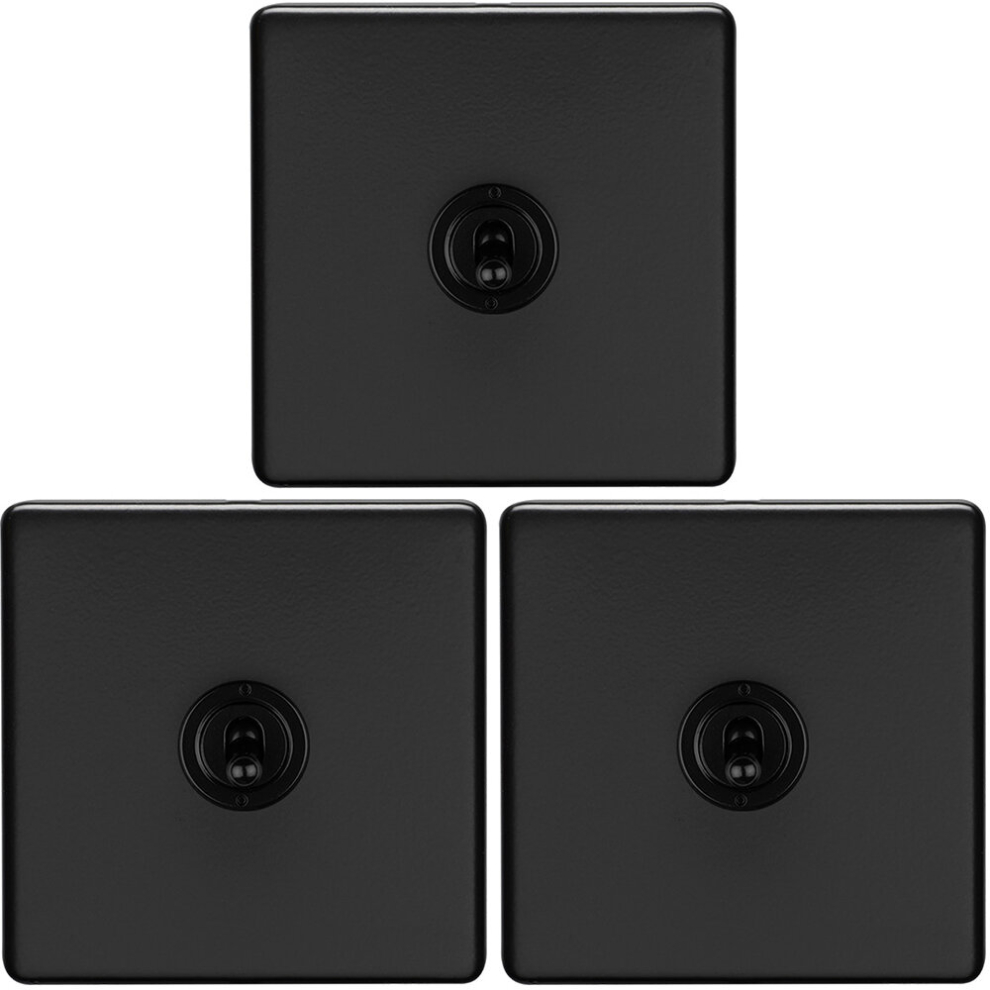 3 PACK 1 Gang Single Retro Toggle Light Switch SCREWLESS MATT BLACK 10A 2 Way