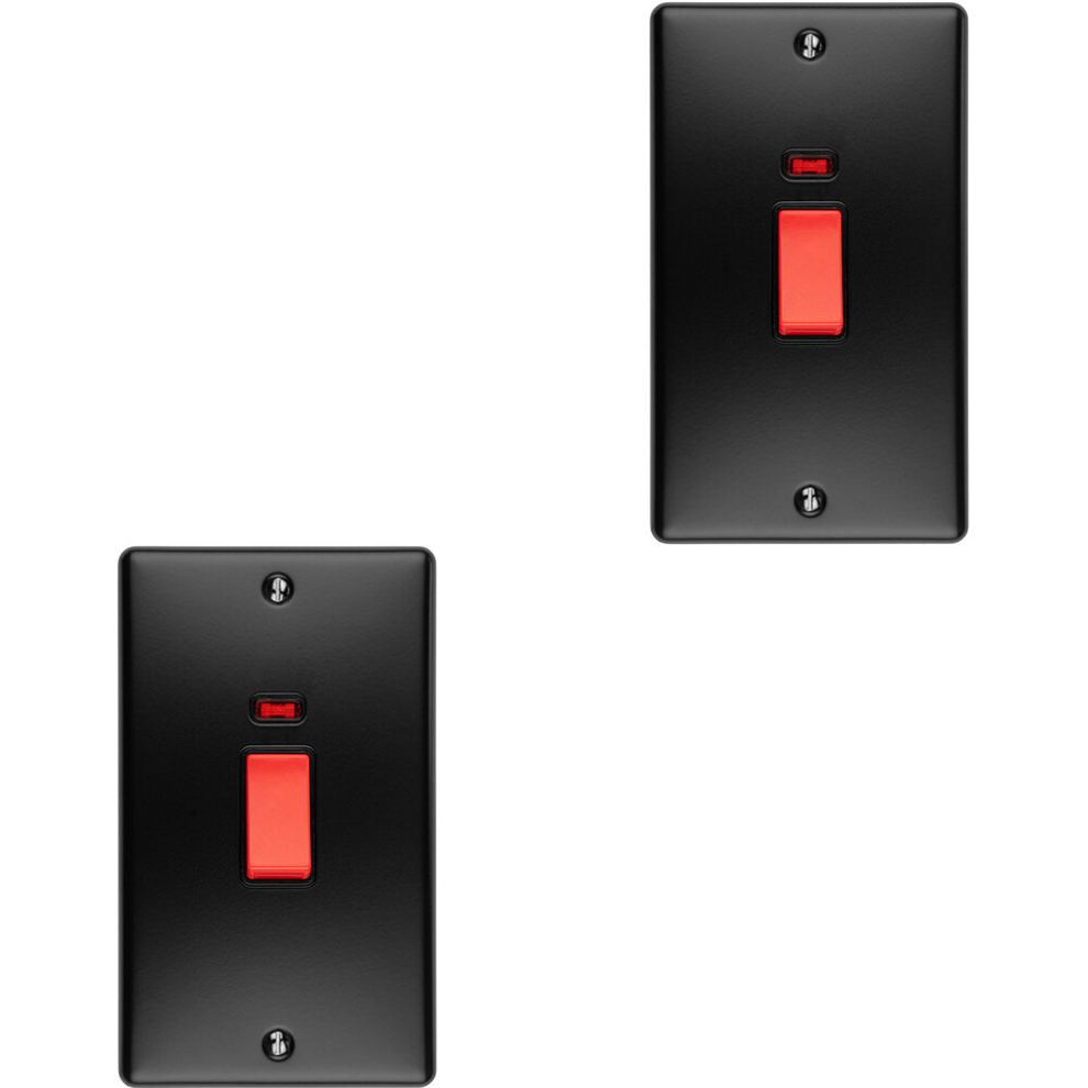 2 PACK 2 Gang Double 45A DP Switch Neon - MATT BLACK & BLACK Vertical Rocker