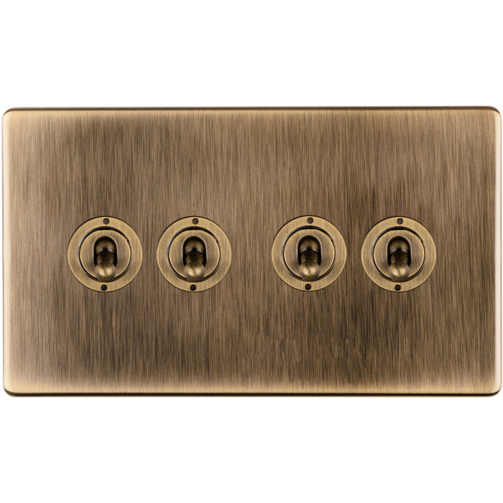 4 Gang Quad Retro Toggle Light Switch SCREWLESS ANTIQUE BRASS 10A 2 Way Lever