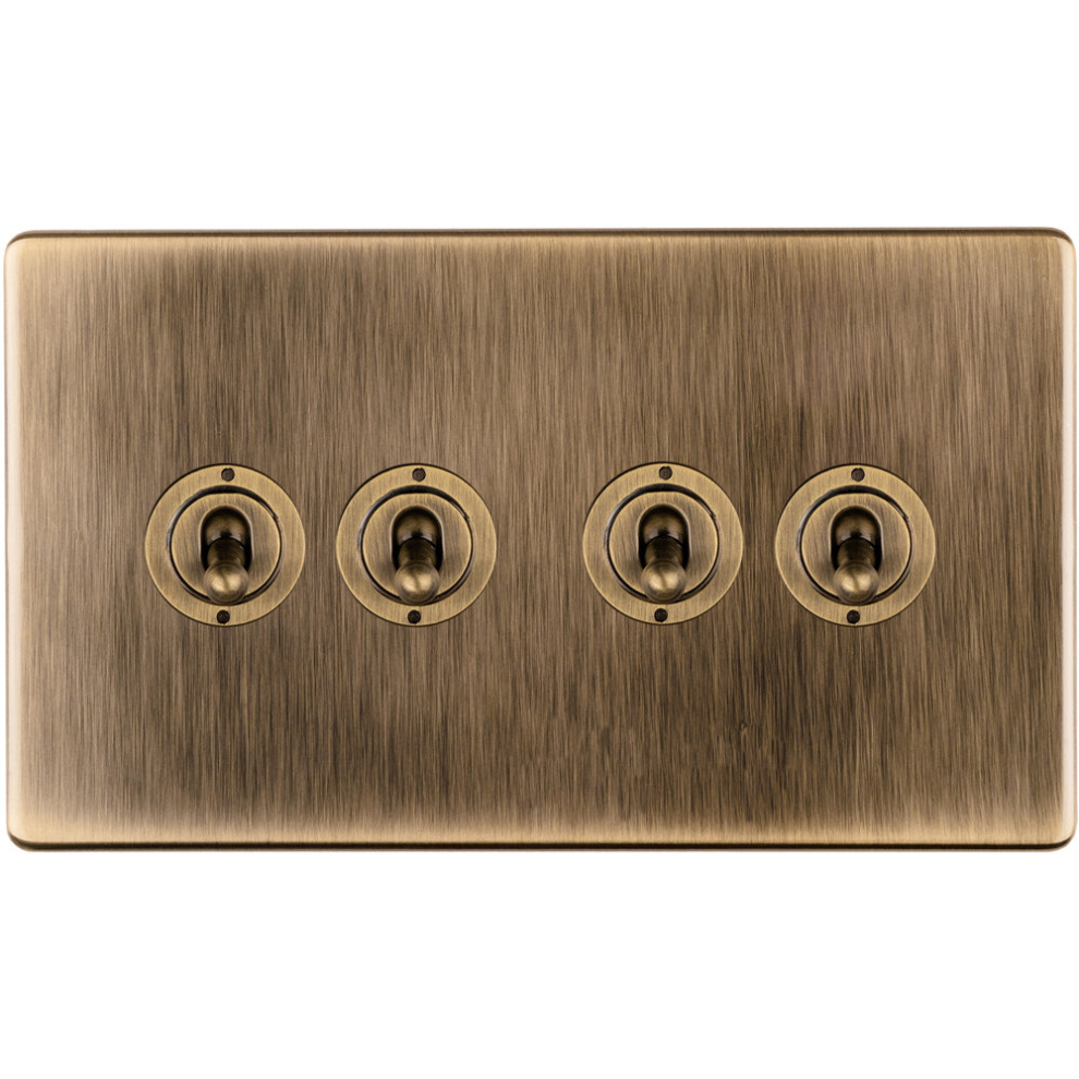 Loops 4 Gang Quad Retro Toggle Light Switch Screwless Antique Brass 10A 2 Way Lever