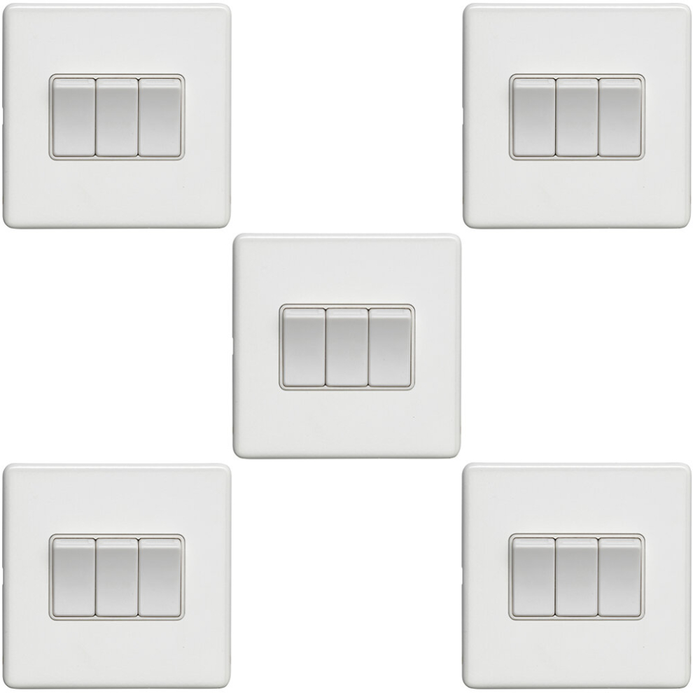 5 Pack 3 Gang Triple Light Switch Screwless Matt White 2 Way 10A Slim Rocker 5056581972446