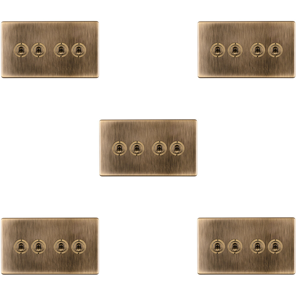 Loops 5 Pack 4 Gang Quad Retro Toggle Light Switch Screwless Antique Brass 10A 2 Way