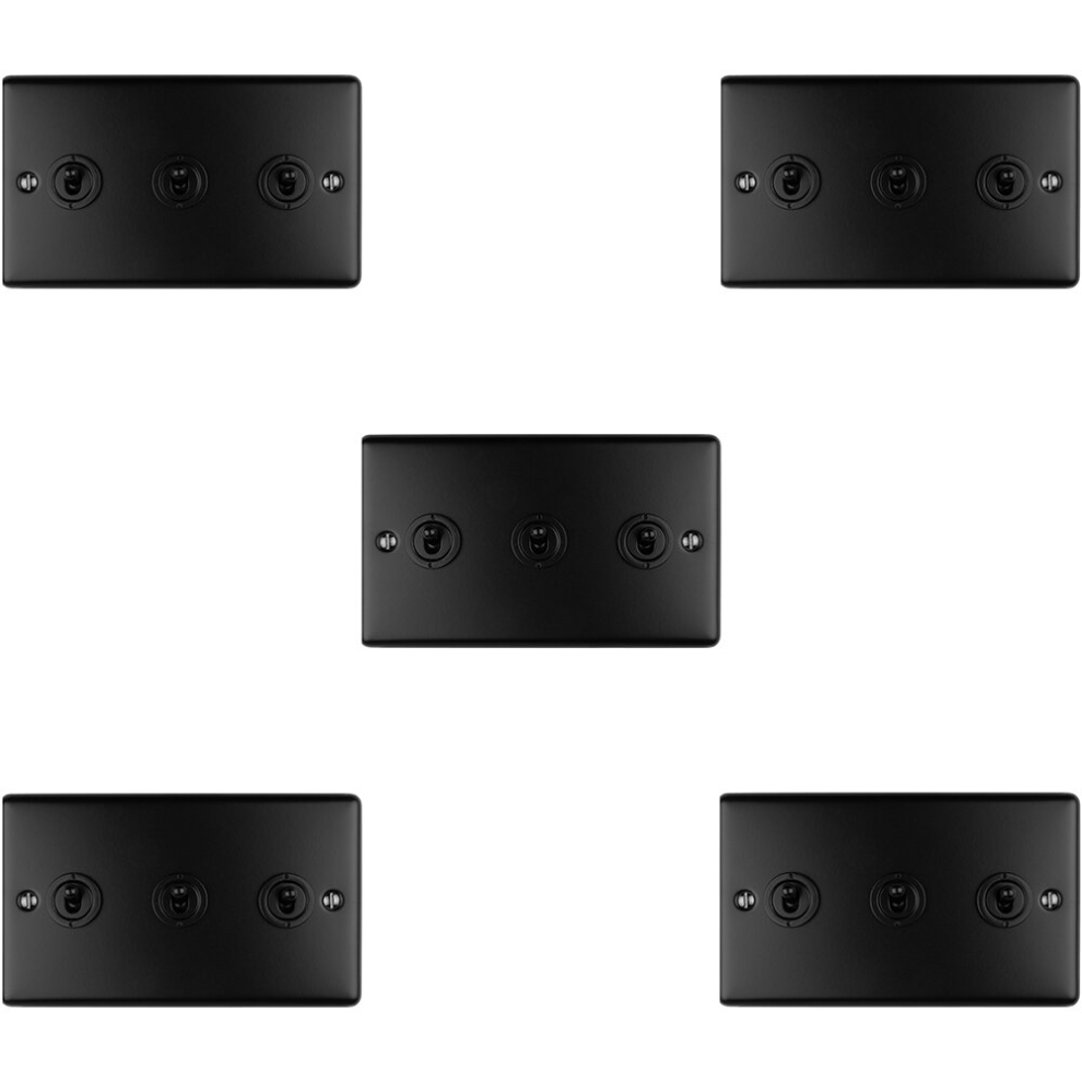 5 Pack 3 Gang Triple Retro Toggle Light Switch Matt Black 10A 2 Way Plate 5056581967053