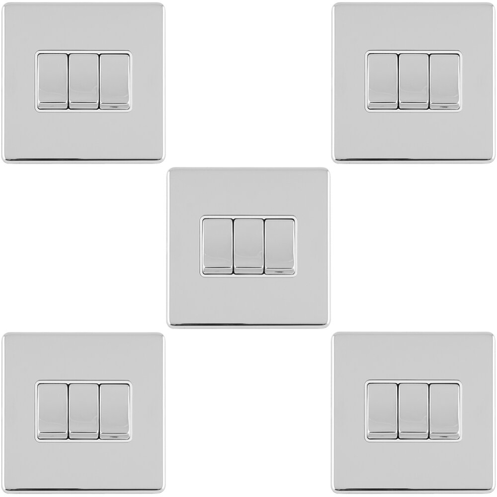 5 PACK 3 Gang Triple Light Switch SCREWLESS POLISHED CHROME 2 Way 10A Rocker