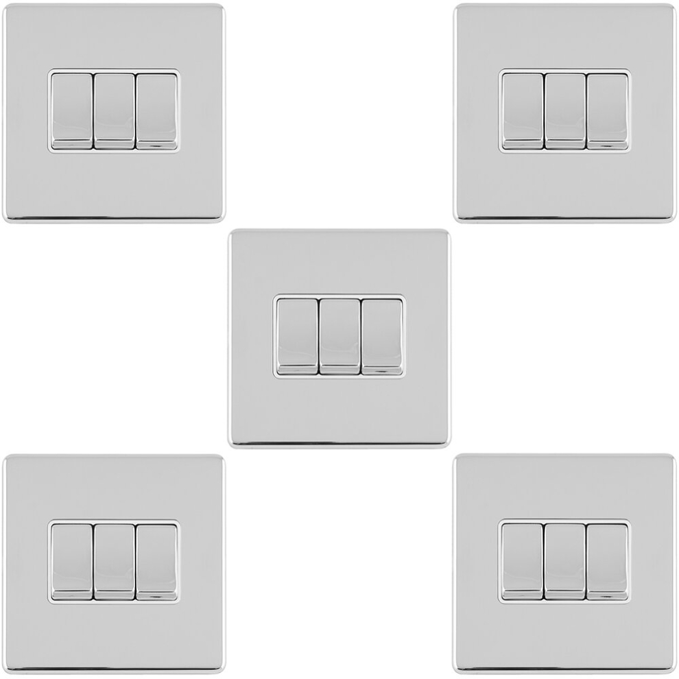 Loops 5 Pack 3 Gang Triple Light Switch Screwless Polished Chrome 2 Way 10A Rocker