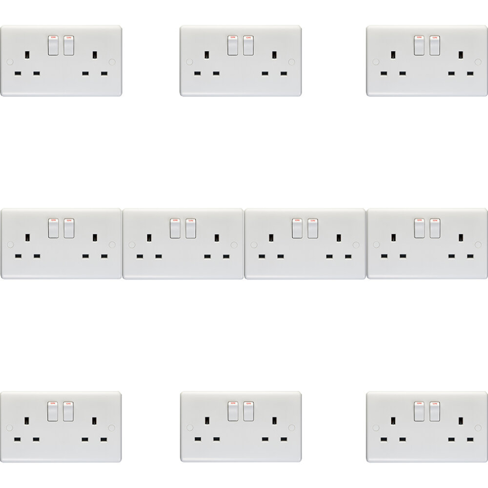 10 PACK 2 Gang Double Pole 13A Switched UK Plug Socket - WHITE Wall Power Outlet