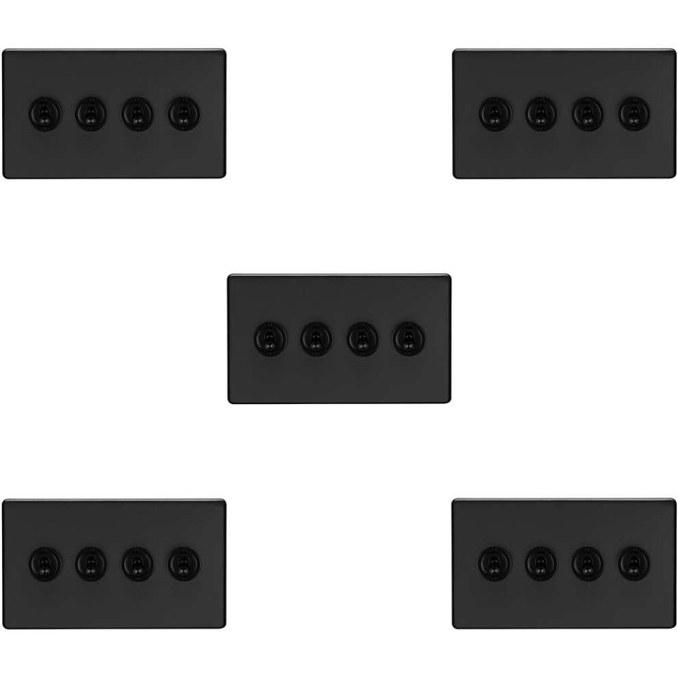 5 PACK 4 Gang Quad Retro Toggle Light Switch SCREWLESS MATT BLACK 10A 2 Way