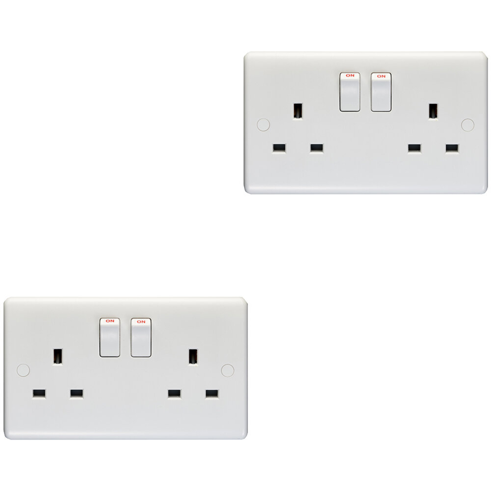 2 PACK 2 Gang Double Pole 13A Switched UK Plug Socket - WHITE Wall Power Outlet