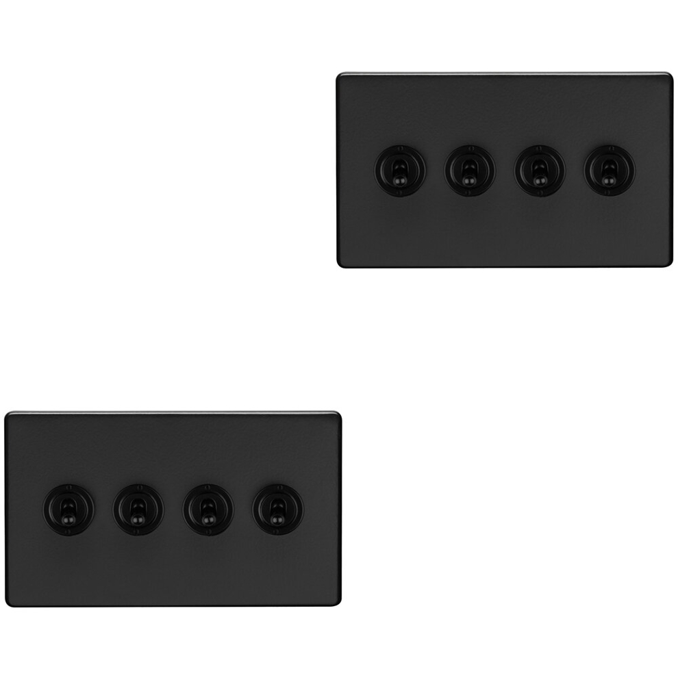 2 PACK 4 Gang Quad Retro Toggle Light Switch SCREWLESS MATT BLACK 10A 2 Way