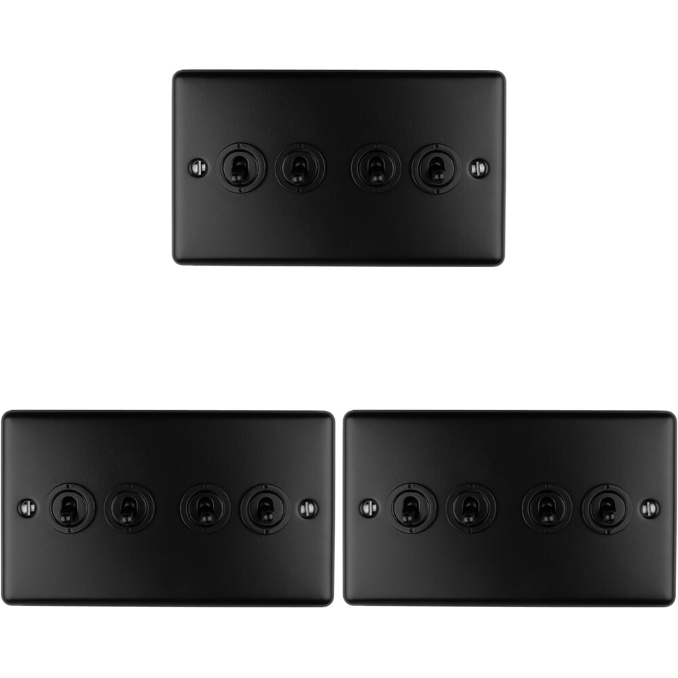 3 PACK 4 Gang Quad Retro Toggle Light Switch MATT BLACK 10A 2 Way Plate