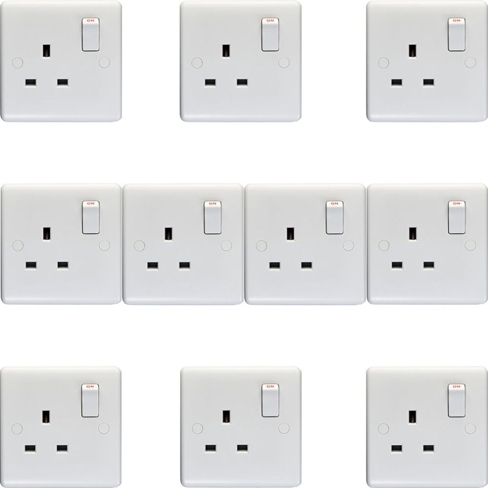 10 PACK 1 Gang Single Pole 13A Switched UK Plug Socket - WHITE Wall Power Outlet