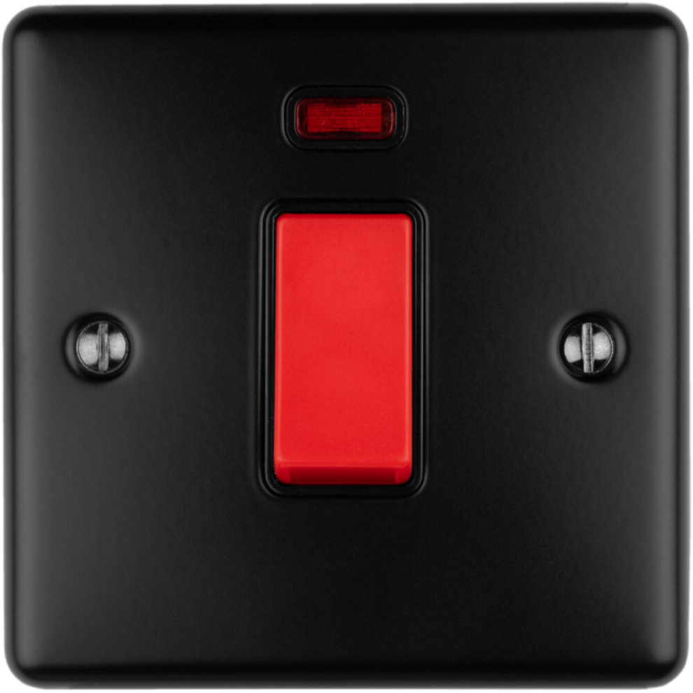Loops 1 Gang Single 45A Cooker Switch & Neon - Matt & Trim Rocker Dp Black