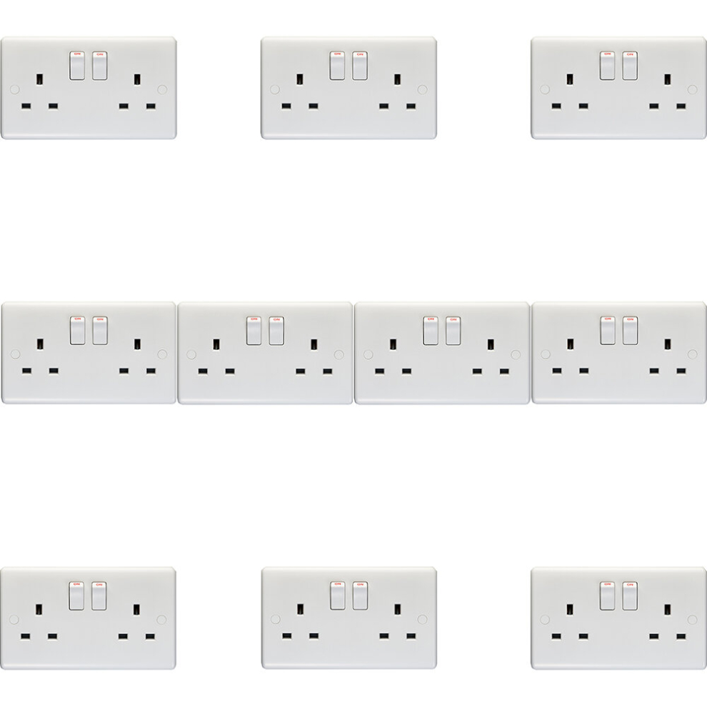 Loops 10 Pack 2 Gang Single Pole 13A Switched Uk Plug Socket - White Wall Power Outlet