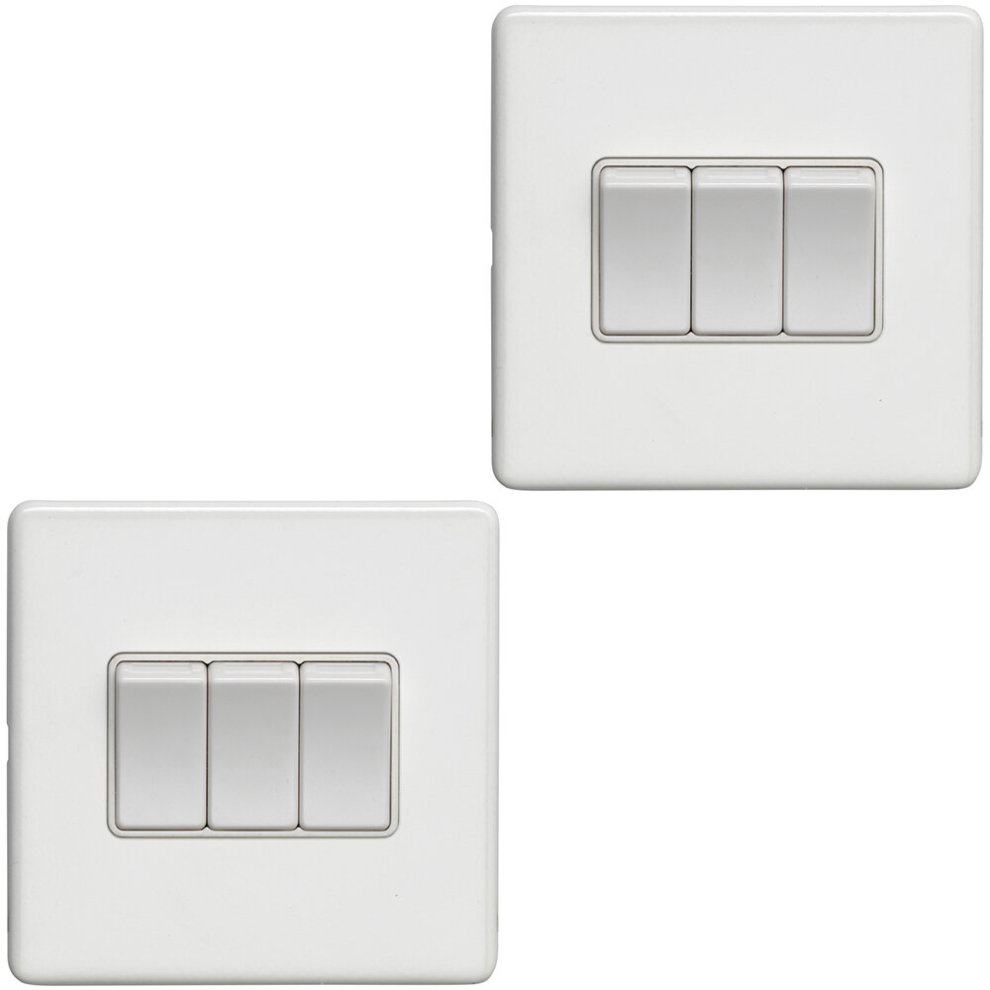 2 Pack 3 Gang Triple Light Switch Screwless Matt White 2 Way 10A Slim Rocker 5056581972422