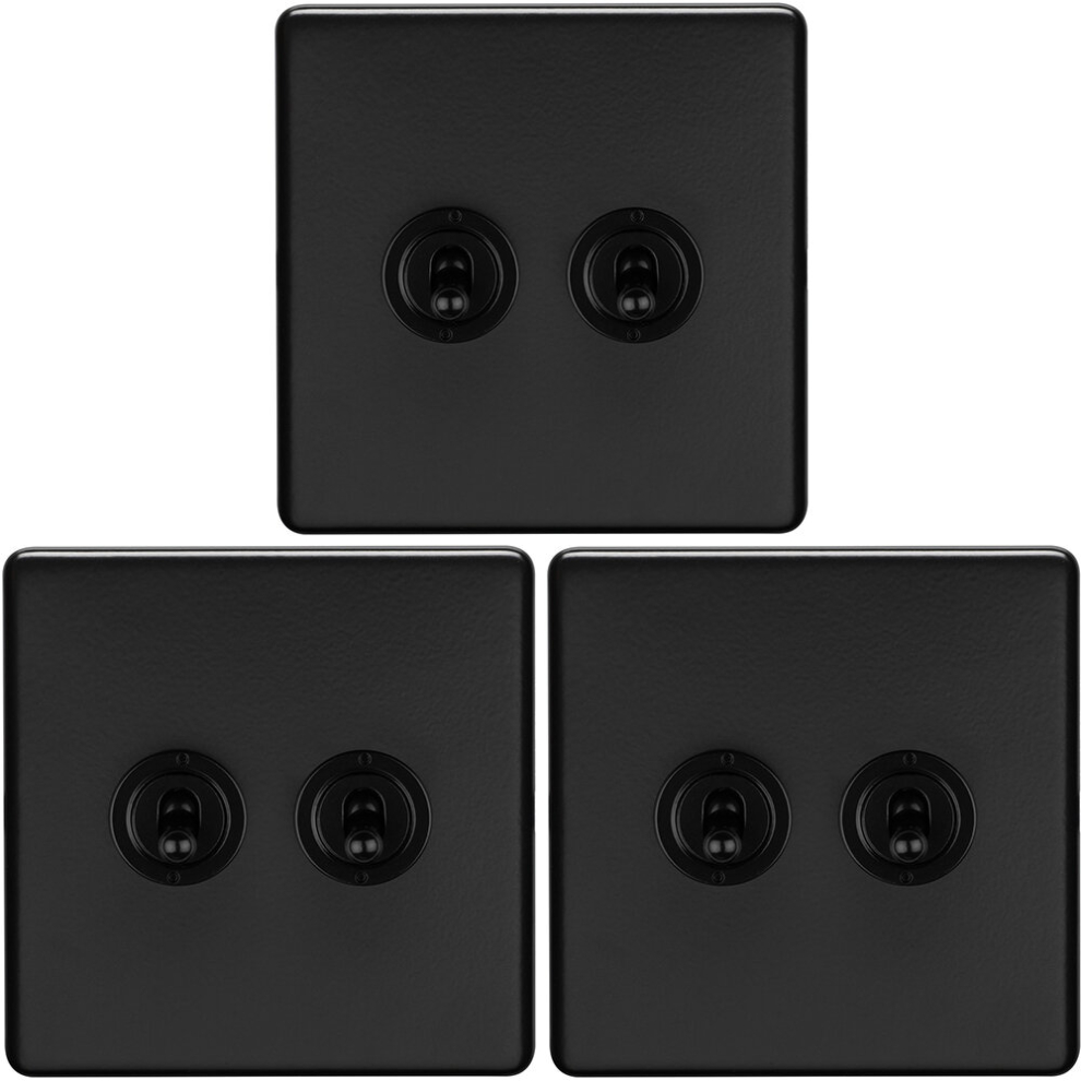 3 PACK 2 Gang Double Retro Toggle Light Switch SCREWLESS MATT BLACK 10A 2 Way