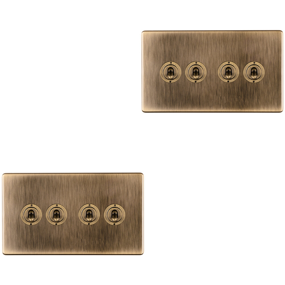 2 Pack 4 Gang Quad Retro Toggle Light Switch Screwless Antique Brass 10A 2 Way 5056581978684