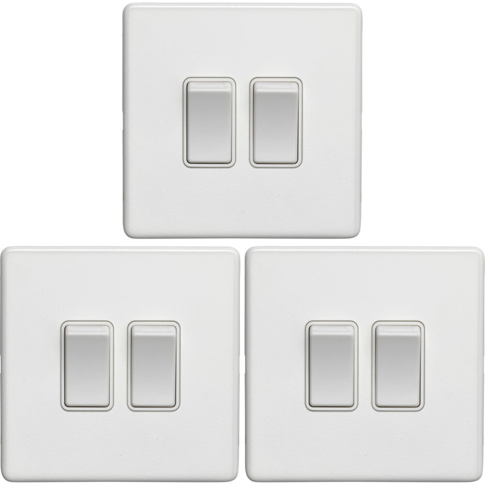 3 PACK 2 Gang Double Light Switch SCREWLESS MATT WHITE 2 Way 10A Slim Rocker