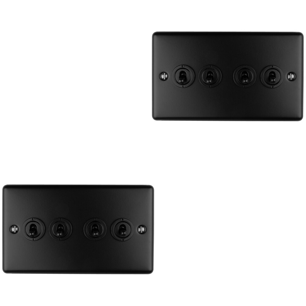 2 PACK 4 Gang Quad Retro Toggle Light Switch MATT BLACK 10A 2 Way Plate