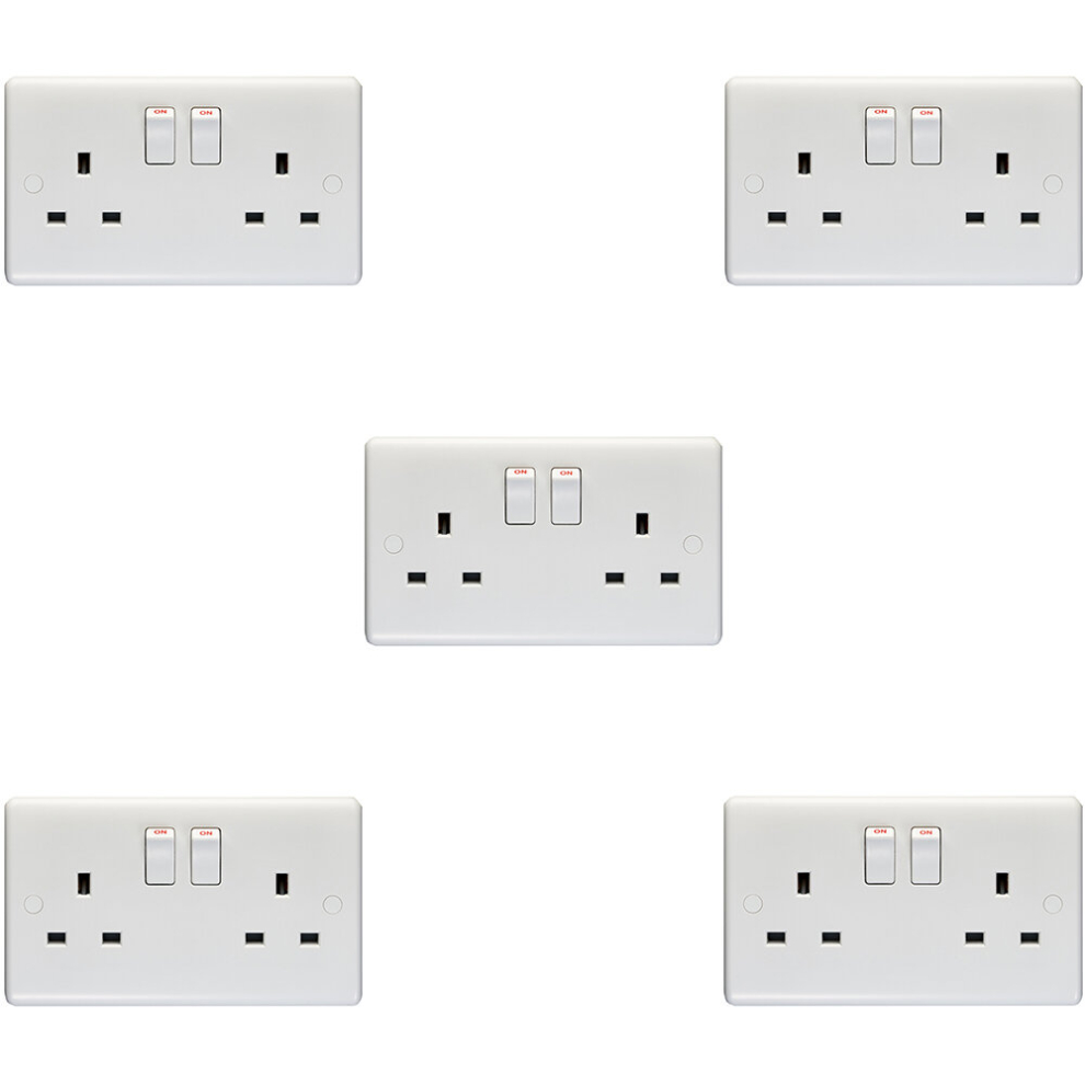 5 PACK 2 Gang Single Pole 13A Switched UK Plug Socket WHITE Double Power Outlet