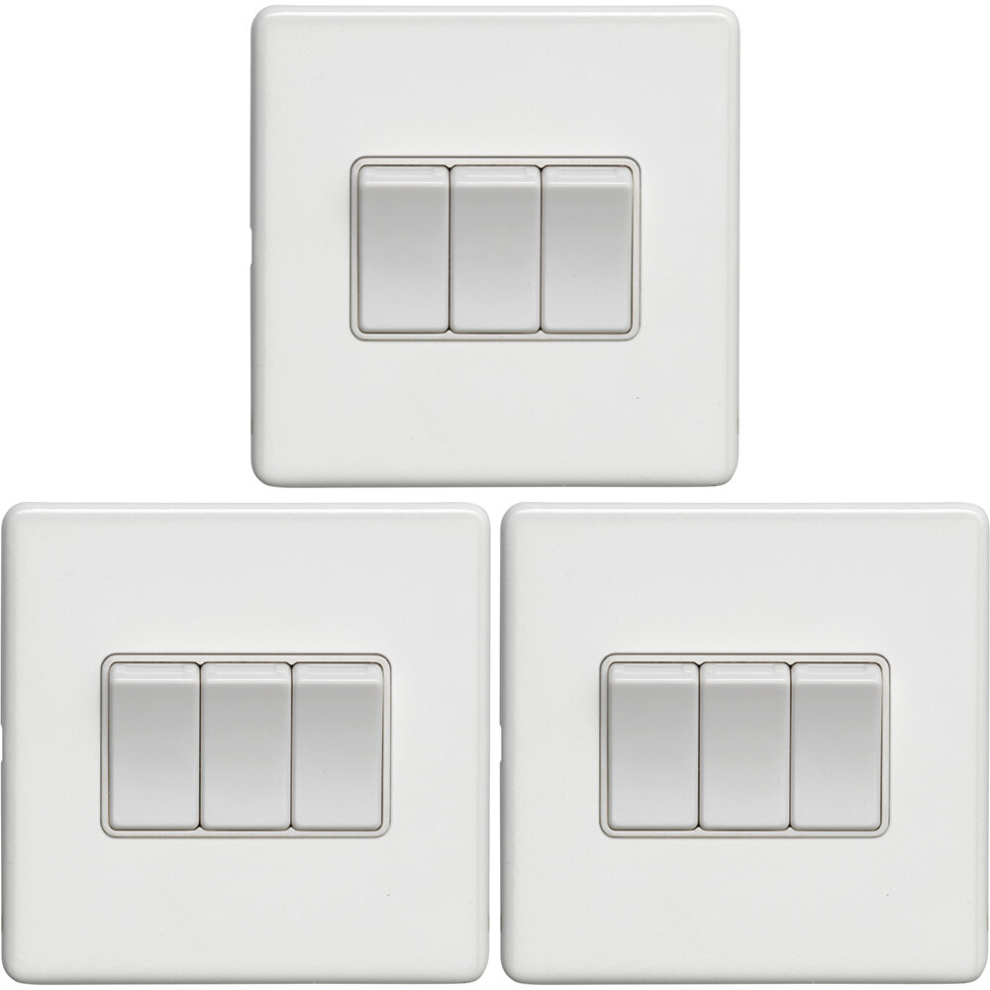 3 PACK 3 Gang Triple Light Switch SCREWLESS MATT WHITE 2 Way 10A Slim Rocker