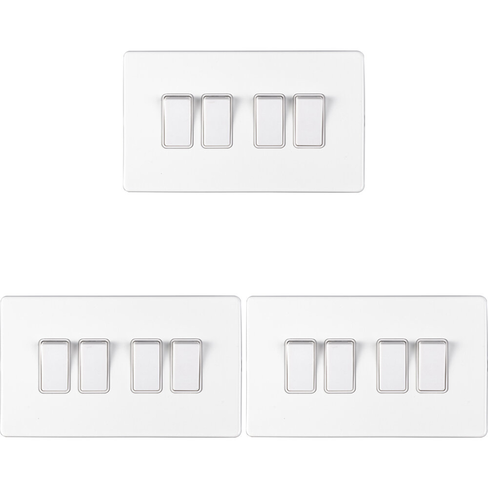 3 PACK 4 Gang Quad Light Switch SCREWLESS MATT WHITE 2 Way 10A Slim Rocker