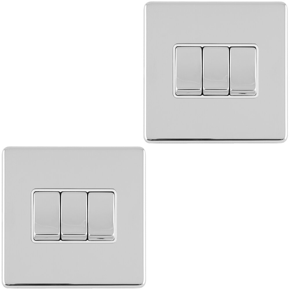 2 PACK 3 Gang Triple Light Switch SCREWLESS POLISHED CHROME 2 Way 10A Rocker