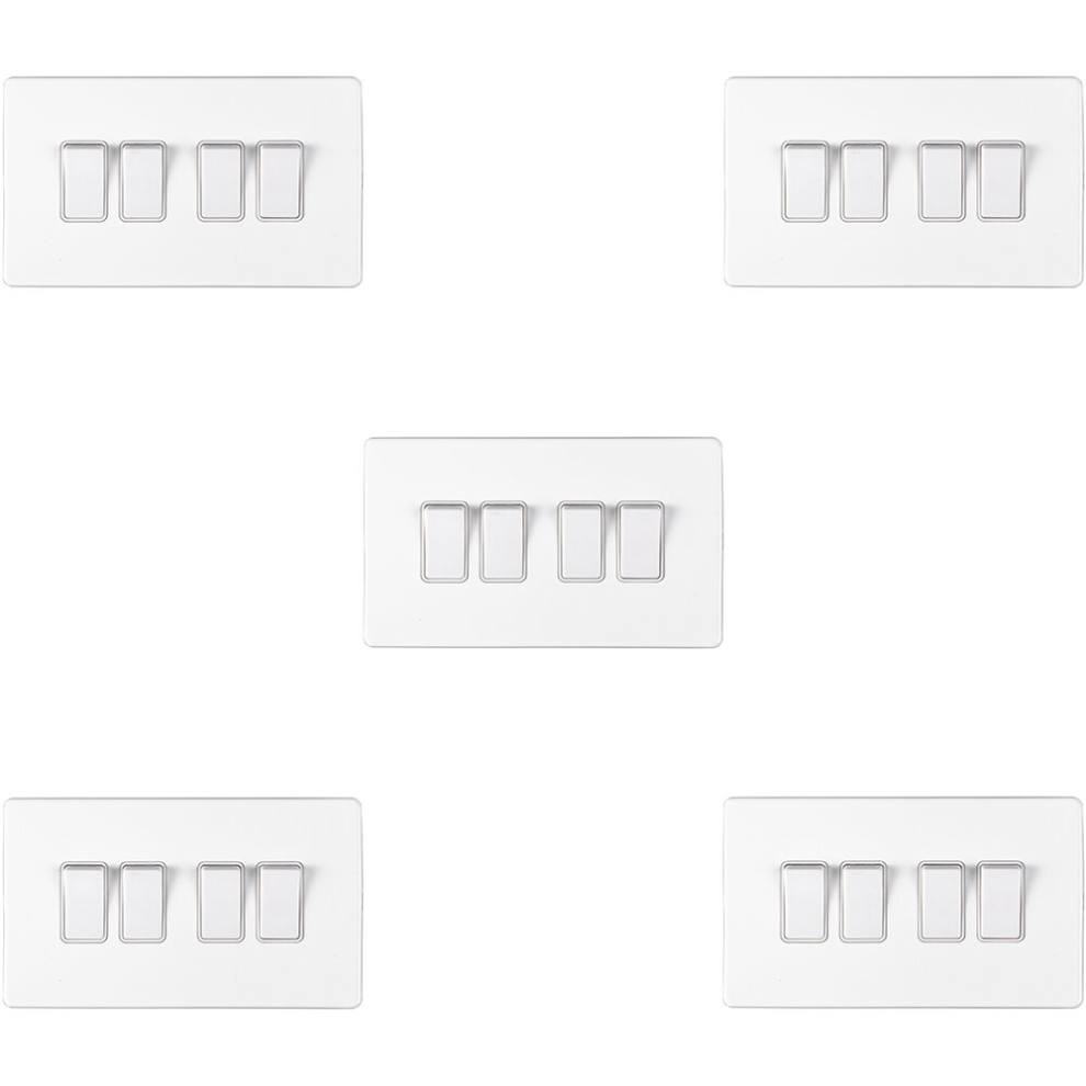 5 PACK 4 Gang Quad Light Switch SCREWLESS MATT WHITE 2 Way 10A Slim Rocker