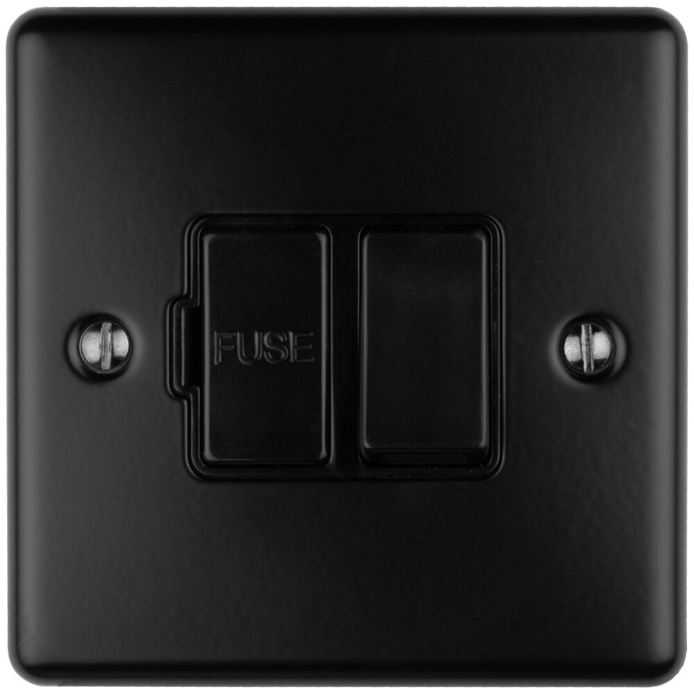 1 Gang 13A Switched Fuse Spur Matt Black & Black Metal Rocker Mains Isolation 5056581966902