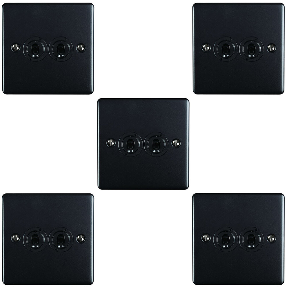 5 PACK 2 Gang Double Retro Toggle Light Switch MATT BLACK 10A 2 Way Plate